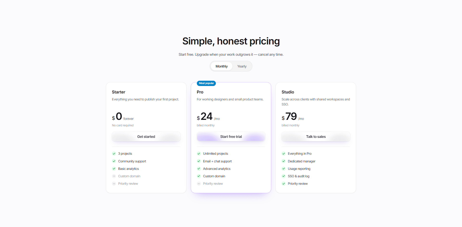 Preview of the Pricing Table React block